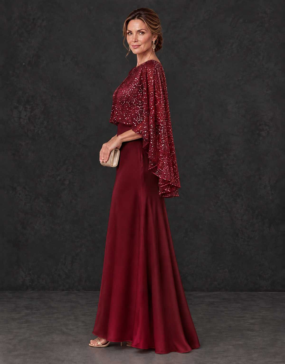 BOLODOO Burgundy Sparkle Cape Sleeve Mother of the Bride Dress - Burgundy - Burgundy_3