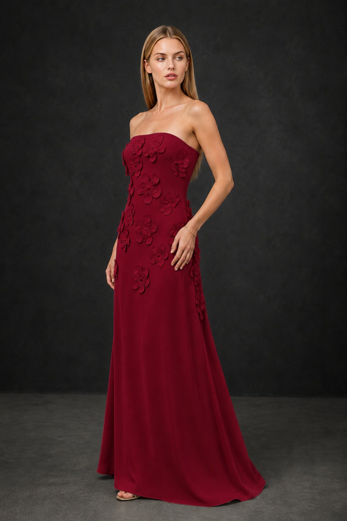 BOLODOO Burgundy Strapless 3D Floral Appliqué Crepe Mermaid Maxi Gown - Burgundy