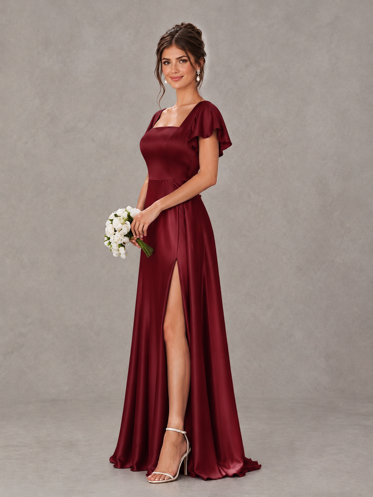 BOLODOO Burgundy Satin Square Neck Flutter Sleeve A-Line Bridesmaid Dress with Slit - Burgundy - Burgundy_3