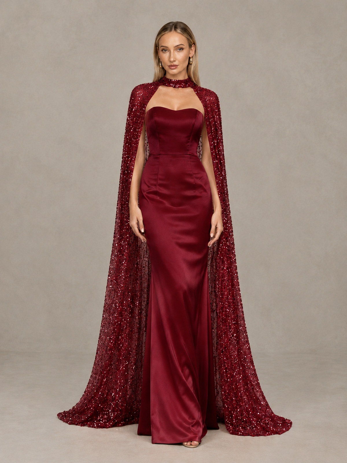 BOLODOO Burgundy Strapless Satin-Look Evening Gown with Sequin Cape - Burgundy - Burgundy_3
