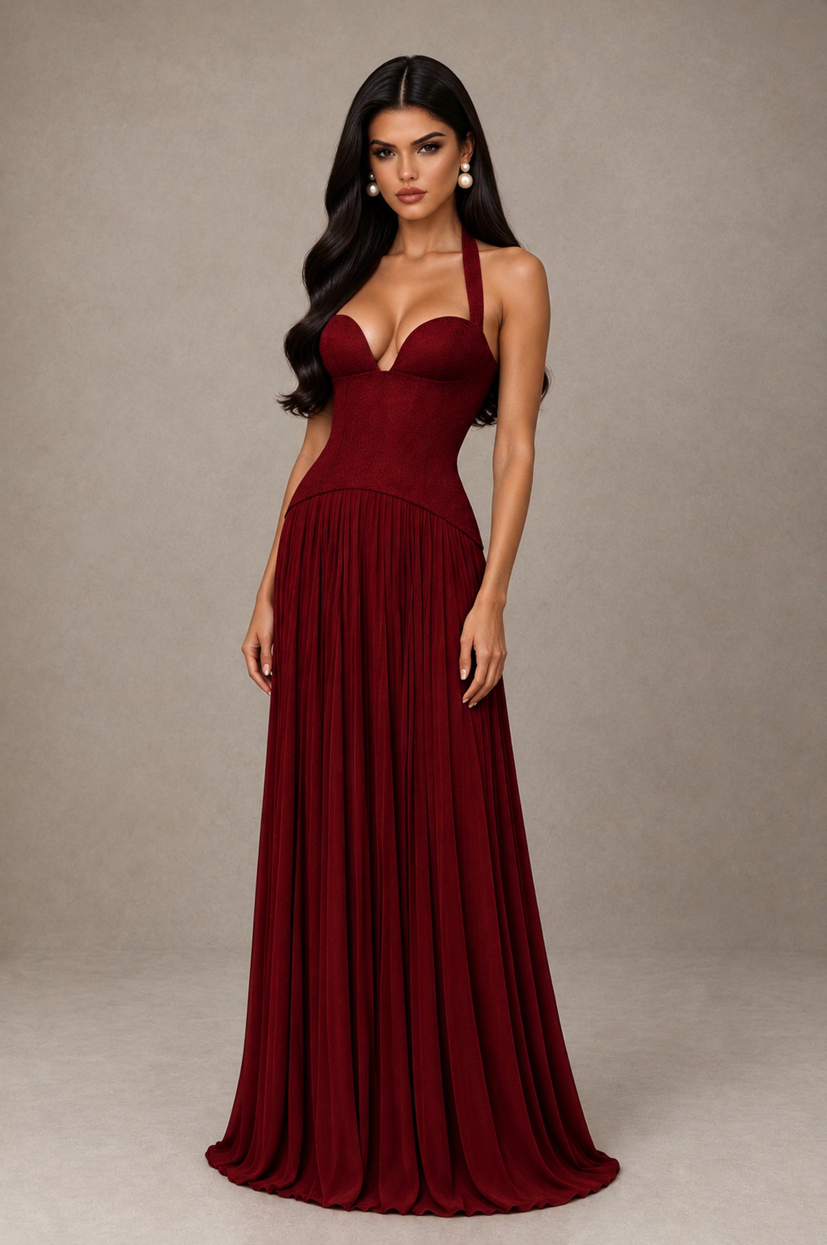 BOLODOO Burgundy Halter Corset Pleated A-Line Evening Dress - Burgundy - Burgundy_3