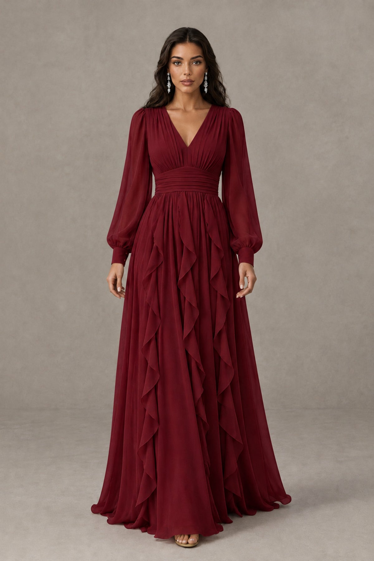 BOLODOO Burgundy Long Sleeve V-Neck Ruffle Maxi Dress - Burgundy