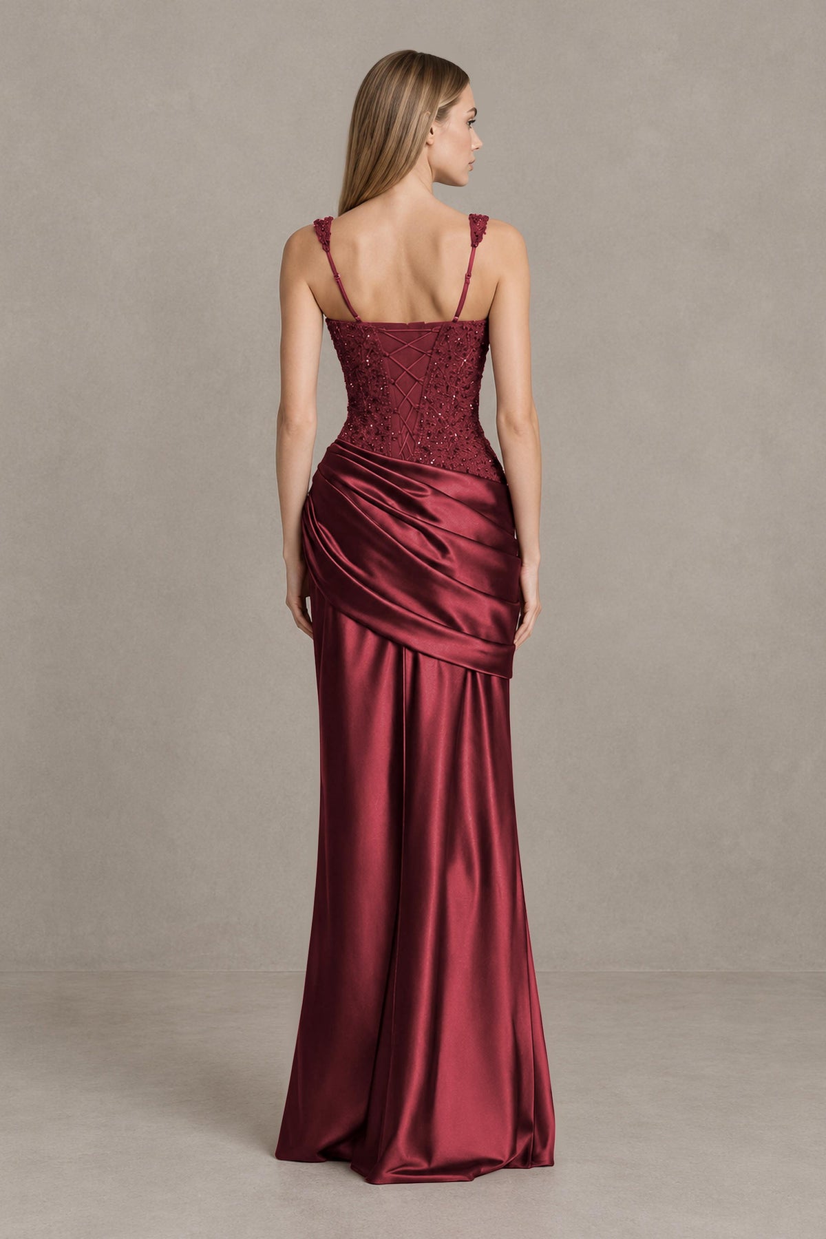 BOLODOO Burgundy Square Neck Embellished Satin Evening Gown - Burgundy