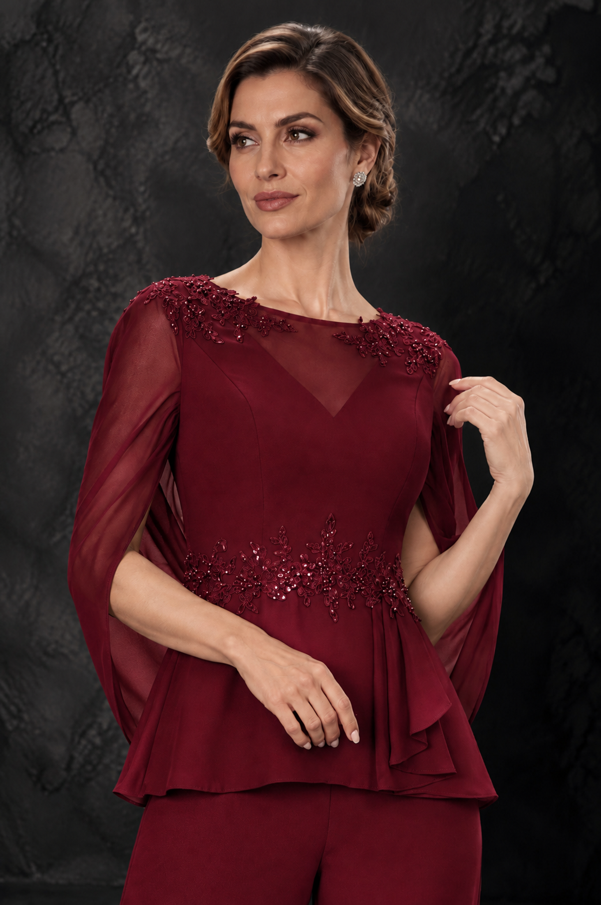 BOLODOO Burgundy Embellished Cape Sleeve Mother of the Bride Pantsuit - Burgundy - Burgundy_3