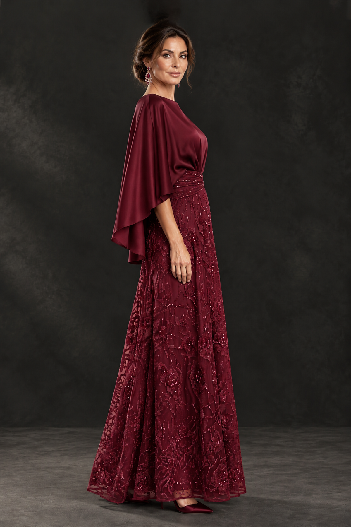 BOLODOO Burgundy Cape Sleeve Floral Mother of the Bride Dress - Burgundy - Burgundy_3
