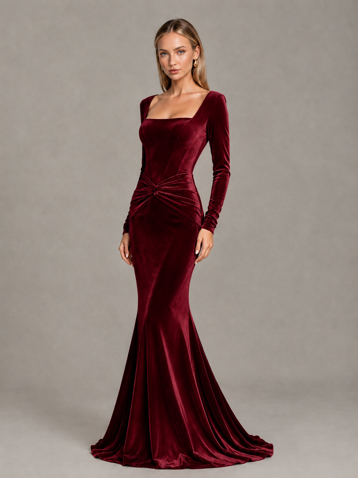 BOLODOO Burgundy Velvet-Look Square Neck Long Sleeve Mermaid Evening Dress - Burgundy - Burgundy_3