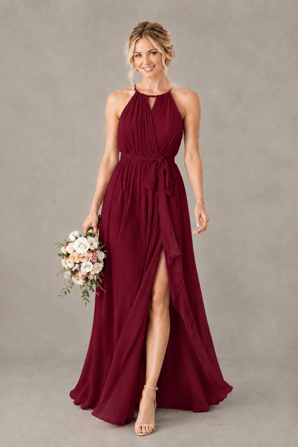 BOLODOO Burgundy Halter Chiffon Bridesmaid Dress with High Slit - Burgundy