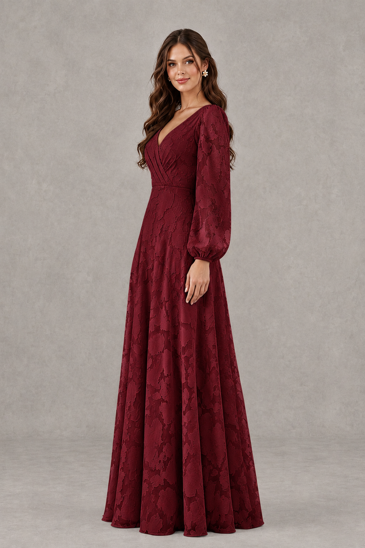 BOLODOO Burgundy Long Sleeve V-Neck A-Line Mother of the Bride Dress - Burgundy - Burgundy_3