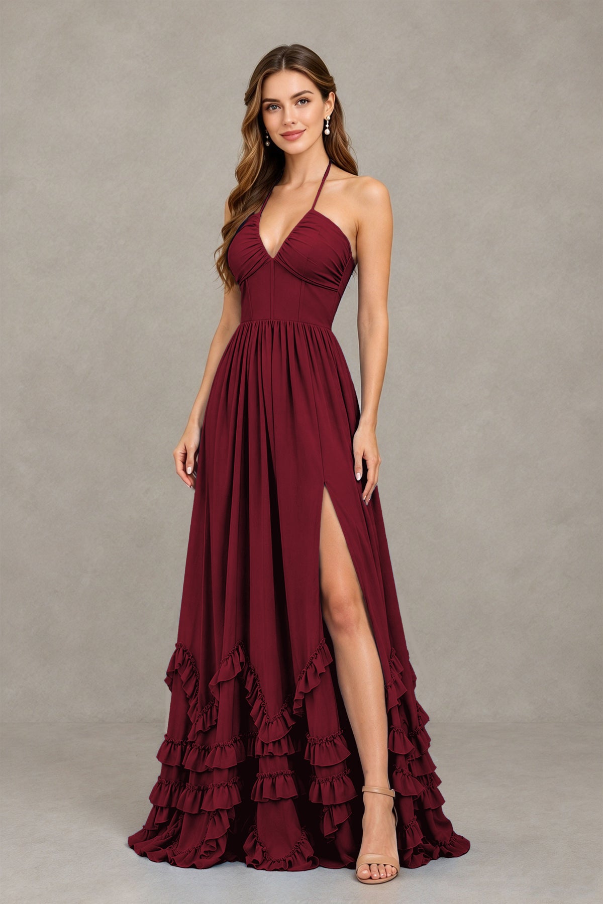 BOLODOO Burgundy Halter Ruffle Hem A-Line Bridesmaid Dress with High Slit - Burgundy - Burgundy(3)
