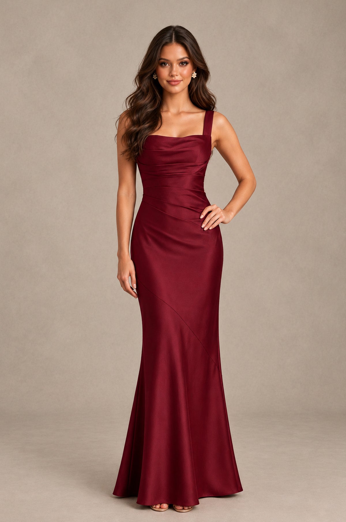 BOLODOO Burgundy Square Neck Ruched Satin Lace-Up Bridesmaid Dress - Burgundy - Burgundy_3