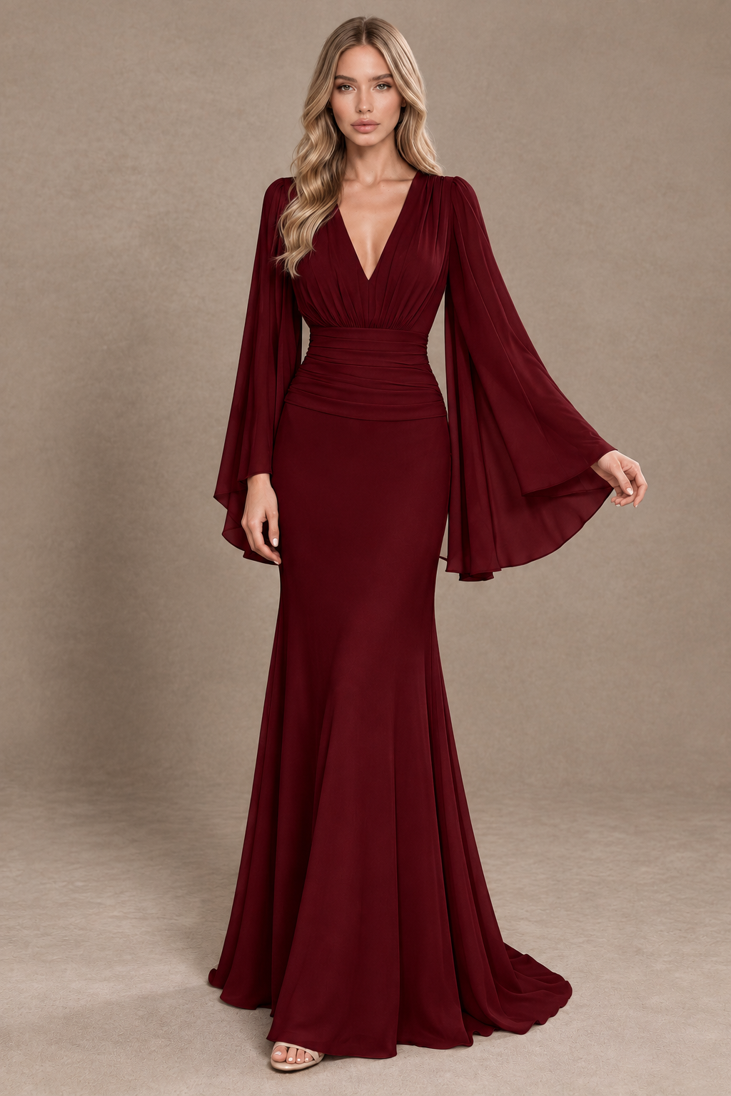 BOLODOO Burgundy Cape Sleeve V-Neck Ruched Chiffon Evening Dress - Burgundy - Burgundy_3