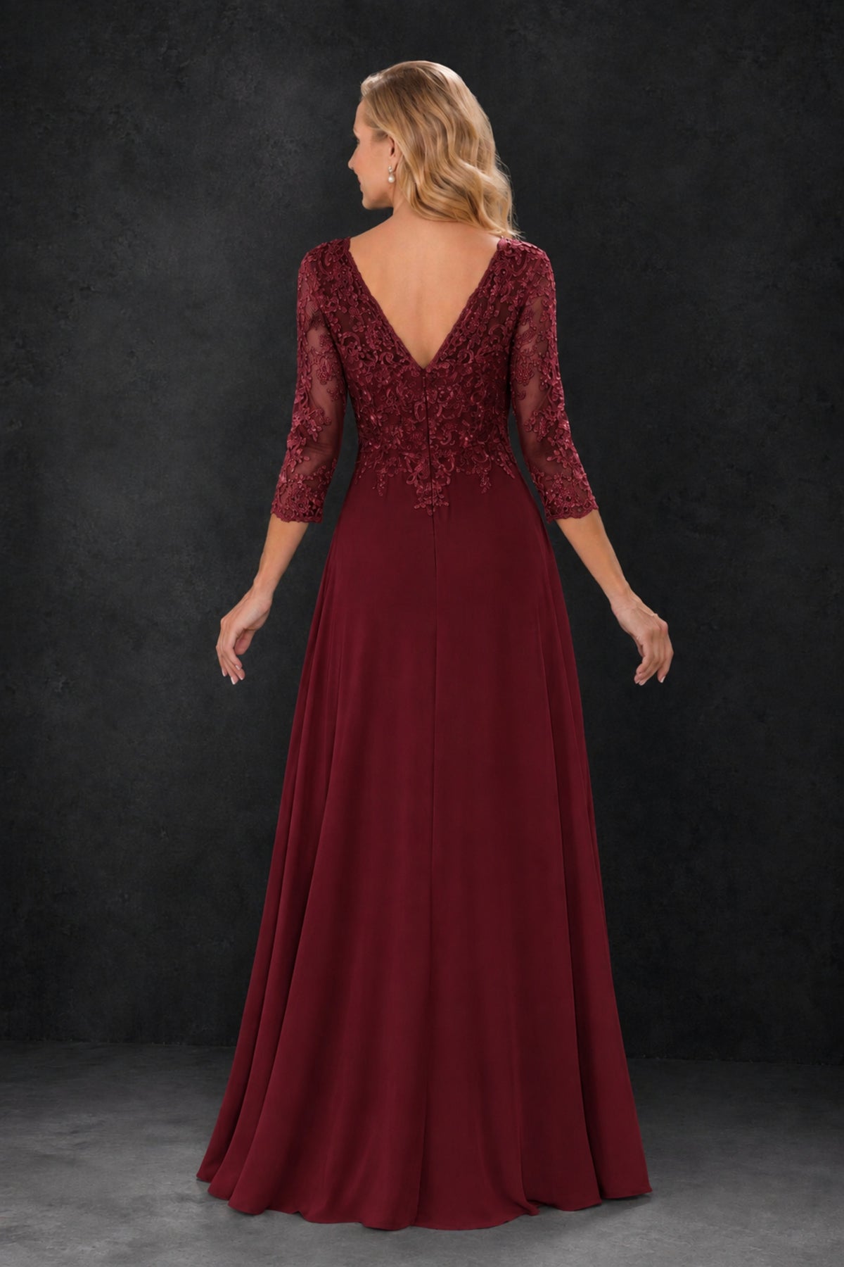 BOLODOO Burgundy Lace Embroidered Mother of the Bride Dress with 3/4 Sleeves - Burgundy