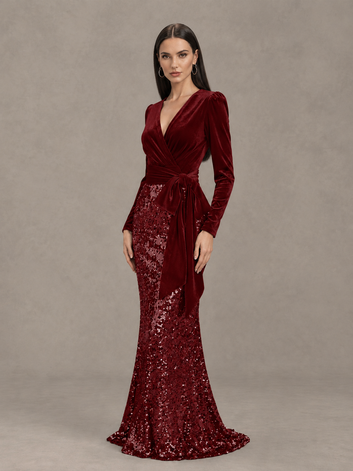BOLODOO Burgundy Velvet & Sequin Long Sleeve V-Neck Mermaid Evening Gown - Burgundy - Burgundy_3