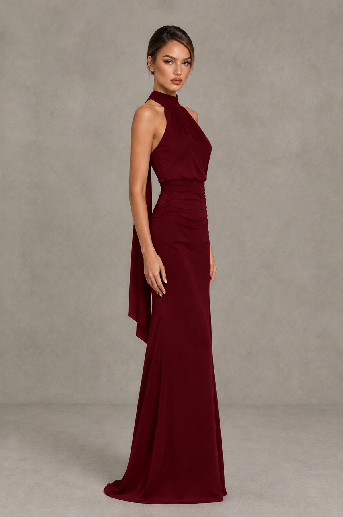 BOLODOO Burgundy Chiffon Halter Maxi Formal Wedding Guest Dress - Burgundy - Burgundy_3