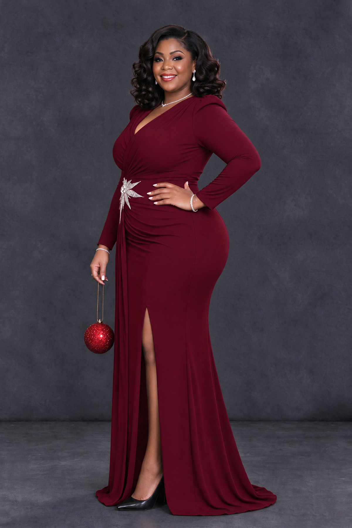 BOLODOO Burgundy Plus Size Long Sleeve V-Neck Mother of the Bride Dress with Slit - Burgundy - Burgundy_3