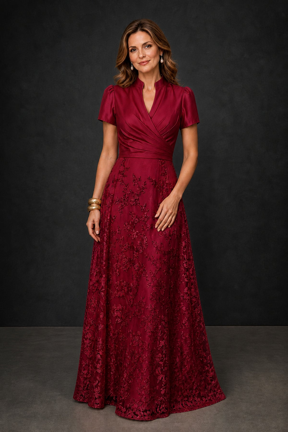 BOLODOO Burgundy Satin Wrap V-Neck Short Sleeve Lace Glitter A-Line Floor Length Evening Gown – Formal Dress - Burgundy