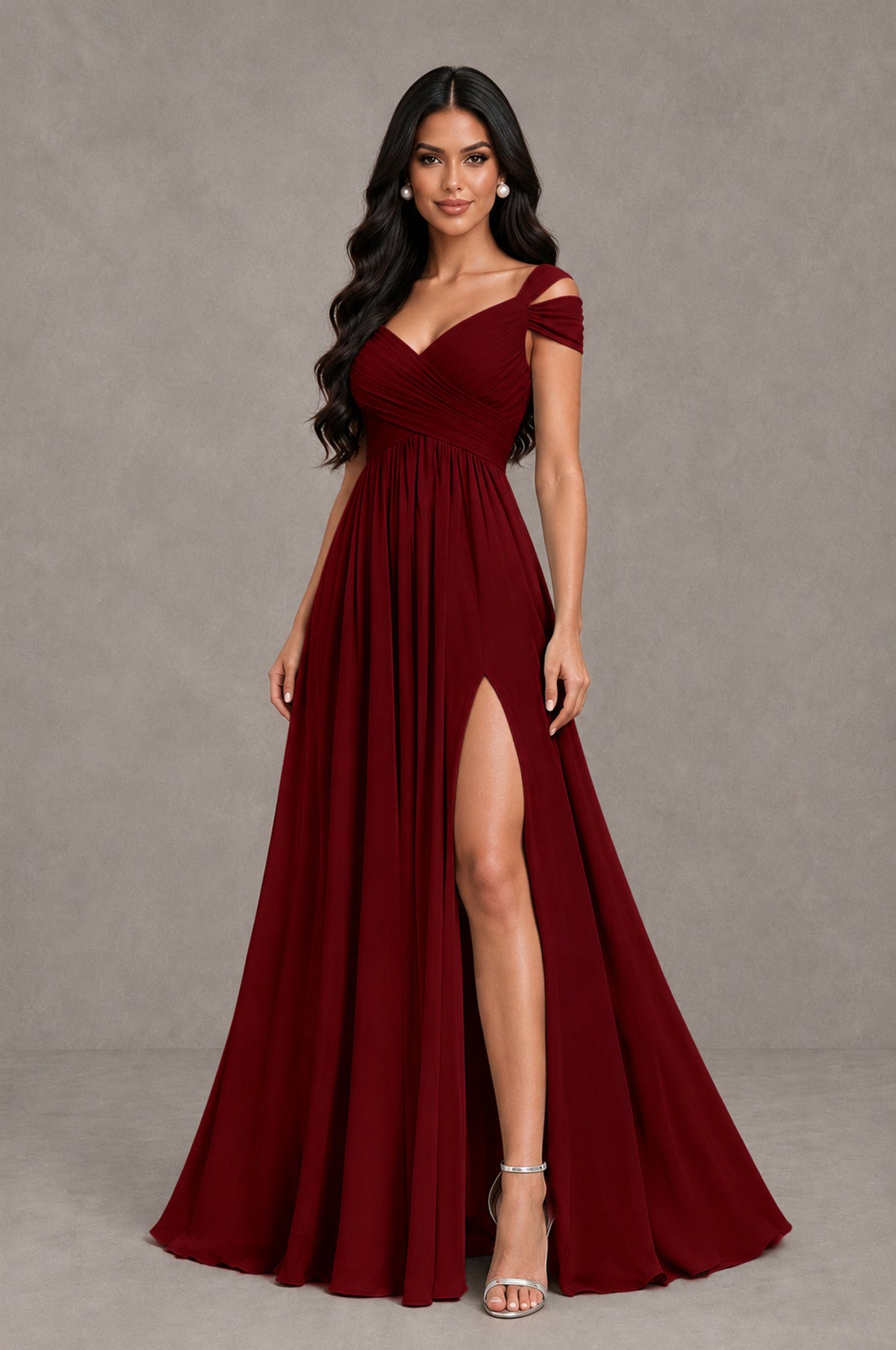 BOLODOO Burgundy Cold Shoulder Chiffon Evening Dress with V Neck and High Slit - Burgundy - Burgundy_3