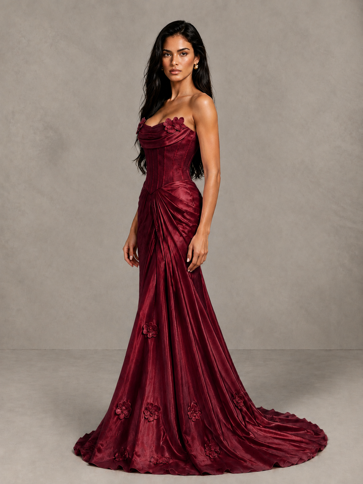 BOLODOO Burgundy Strapless Floral Corset Evening Gown with Train - Burgundy - Burgundy_3
