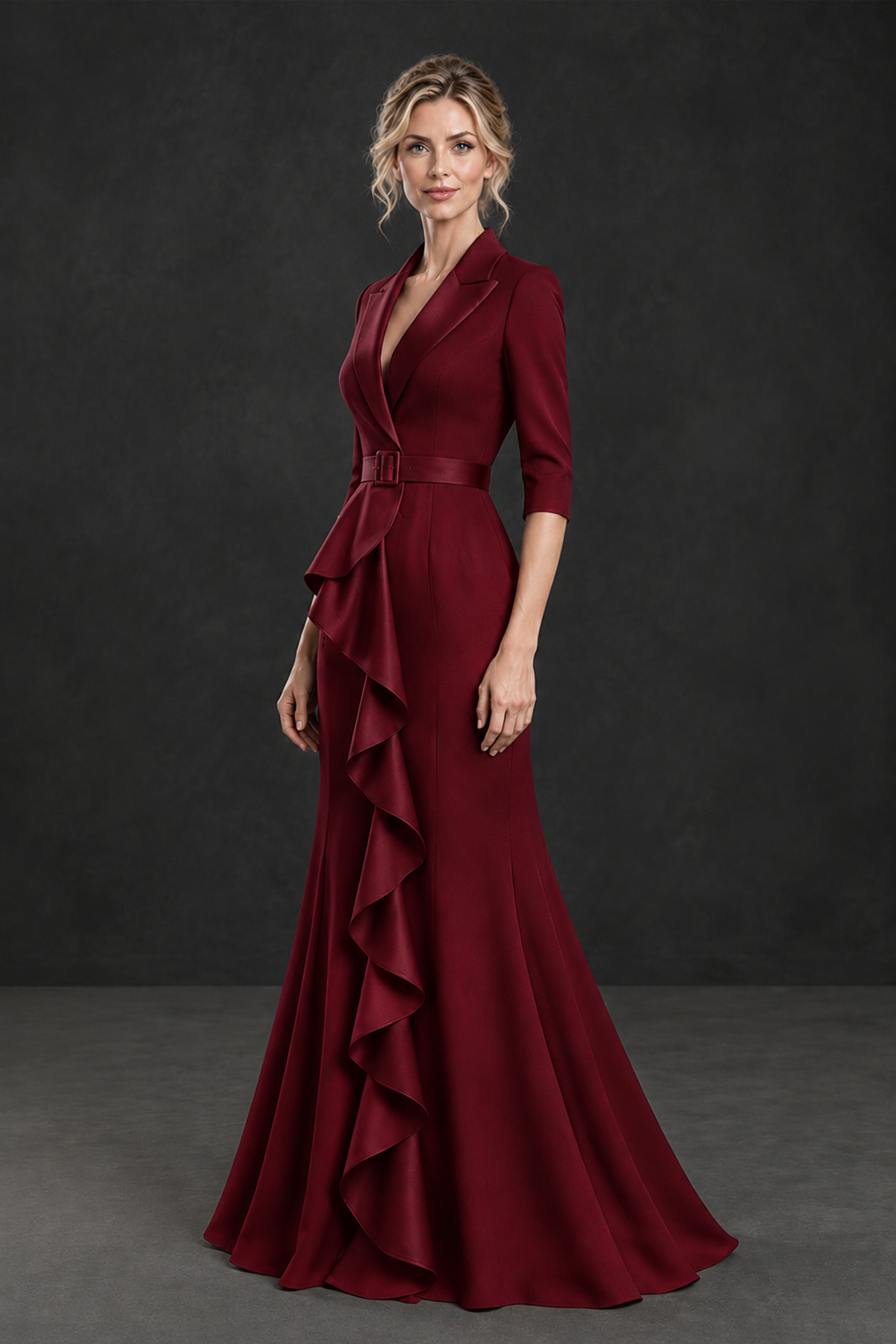 BOLODOO Burgundy Lapel Ruffle Mother of the Bride Dress with Belt - Burgundy - Burgundy_3