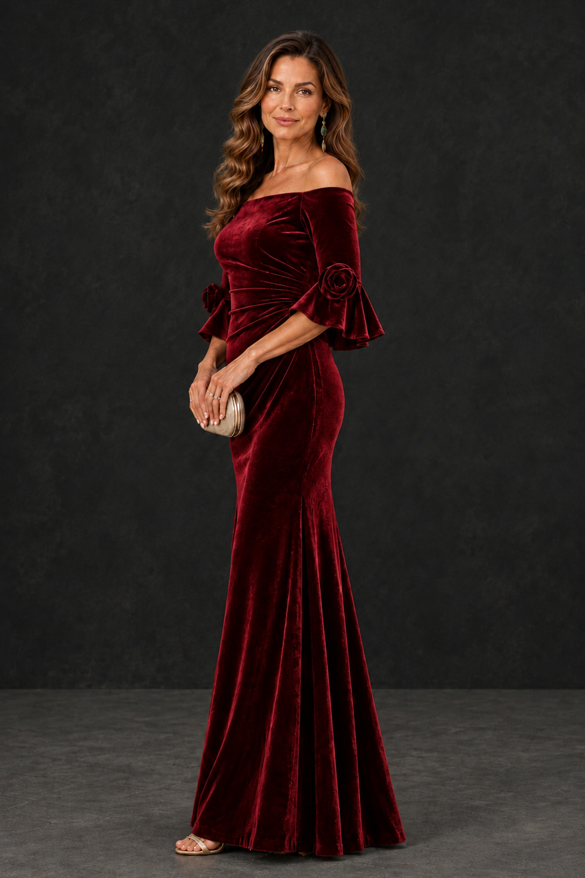 BOLODOO Burgundy Velvet Mother of the Bride Dress with Rosette Sleeves - Burgundy - Burgundy_3