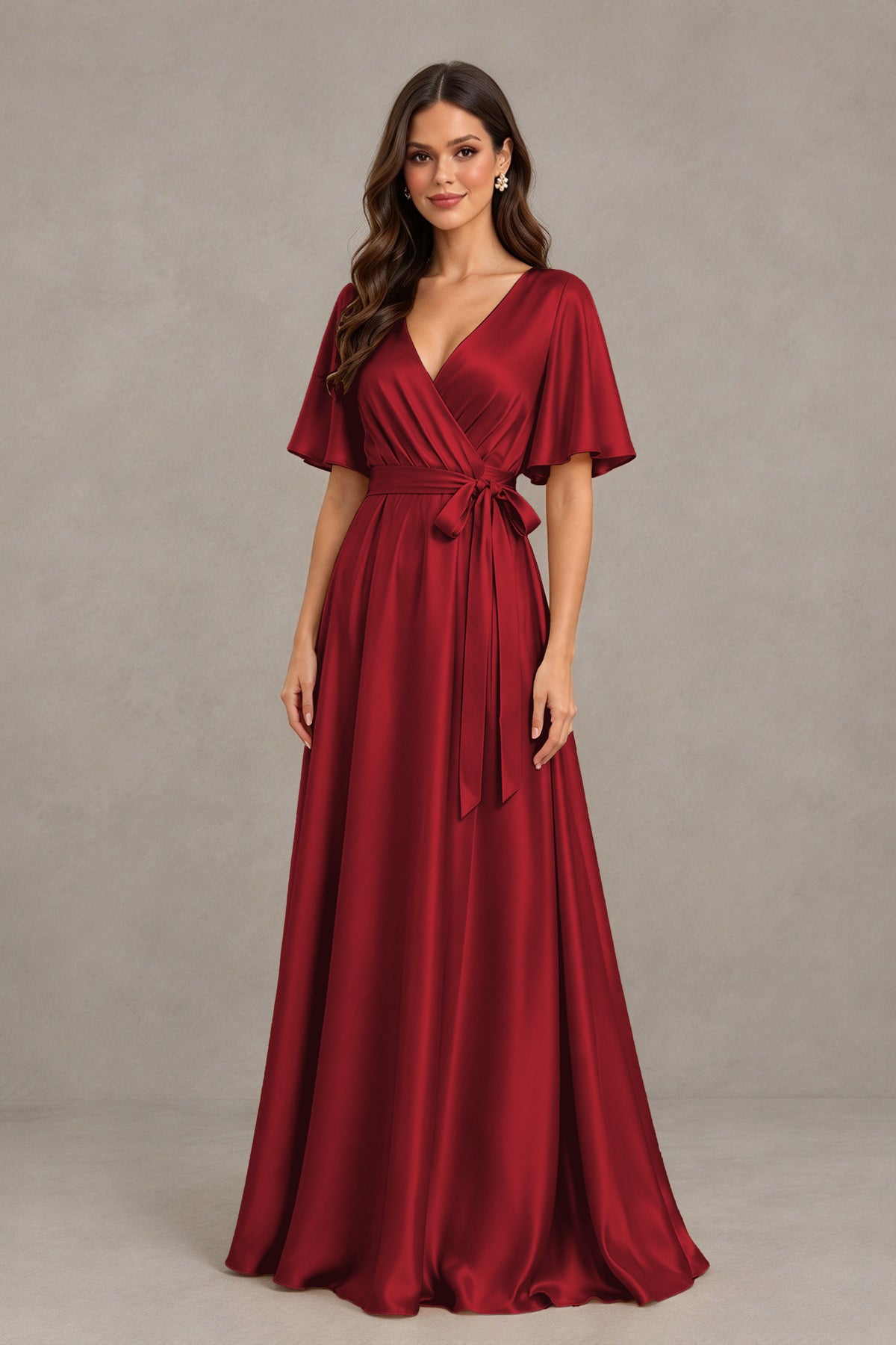 BOLODOO Burgundy Satin V-Neck Flutter Sleeve Bridesmaid Dress with Slit - Burgundy - Burgundy(3)