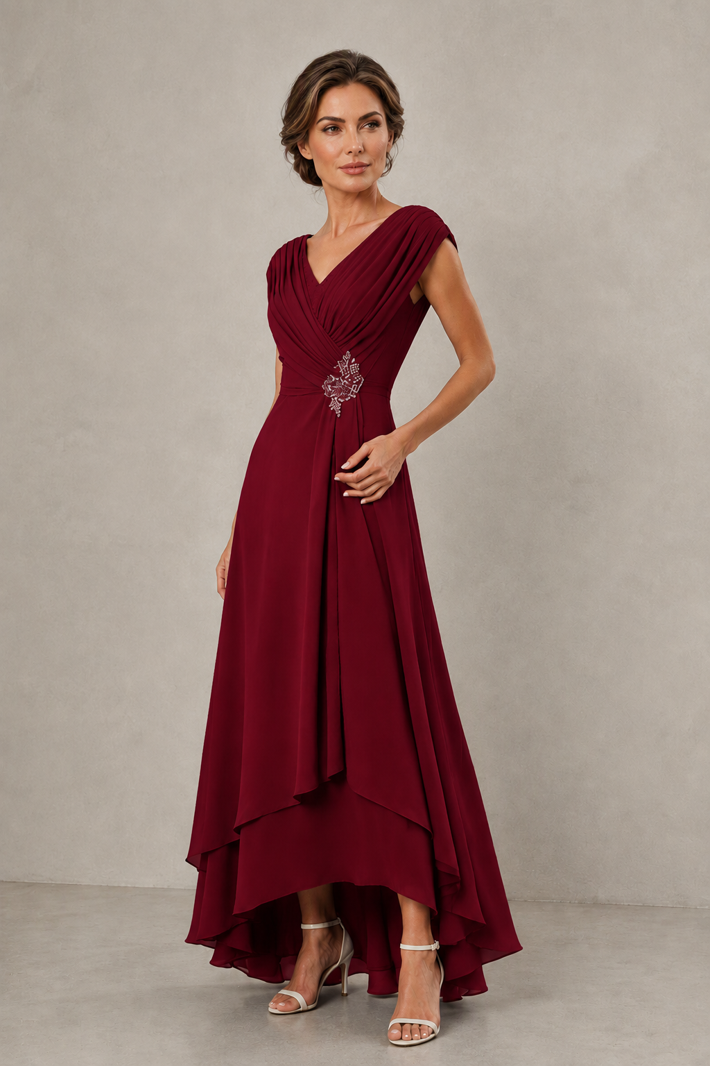 BOLODOO Burgundy V-Neck High-Low Mother of the Bride Dress - Burgundy