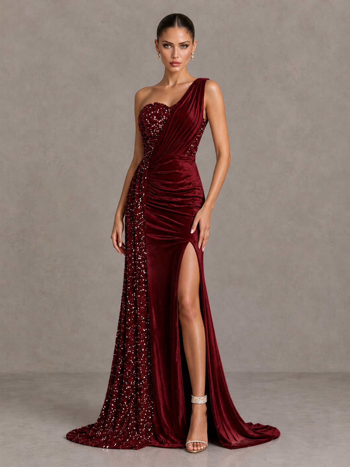 BOLODOO Burgundy One-Shoulder Satin Sequin Gown with High Slit - Burgundy - Burgundy_3