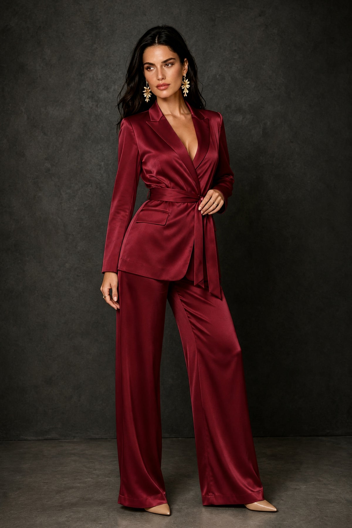 BOLODOO Burgundy Satin Wrap Blazer Wide-Leg Pants Two-Piece Suit Set – Evening Gala Wedding Guest - Burgundy