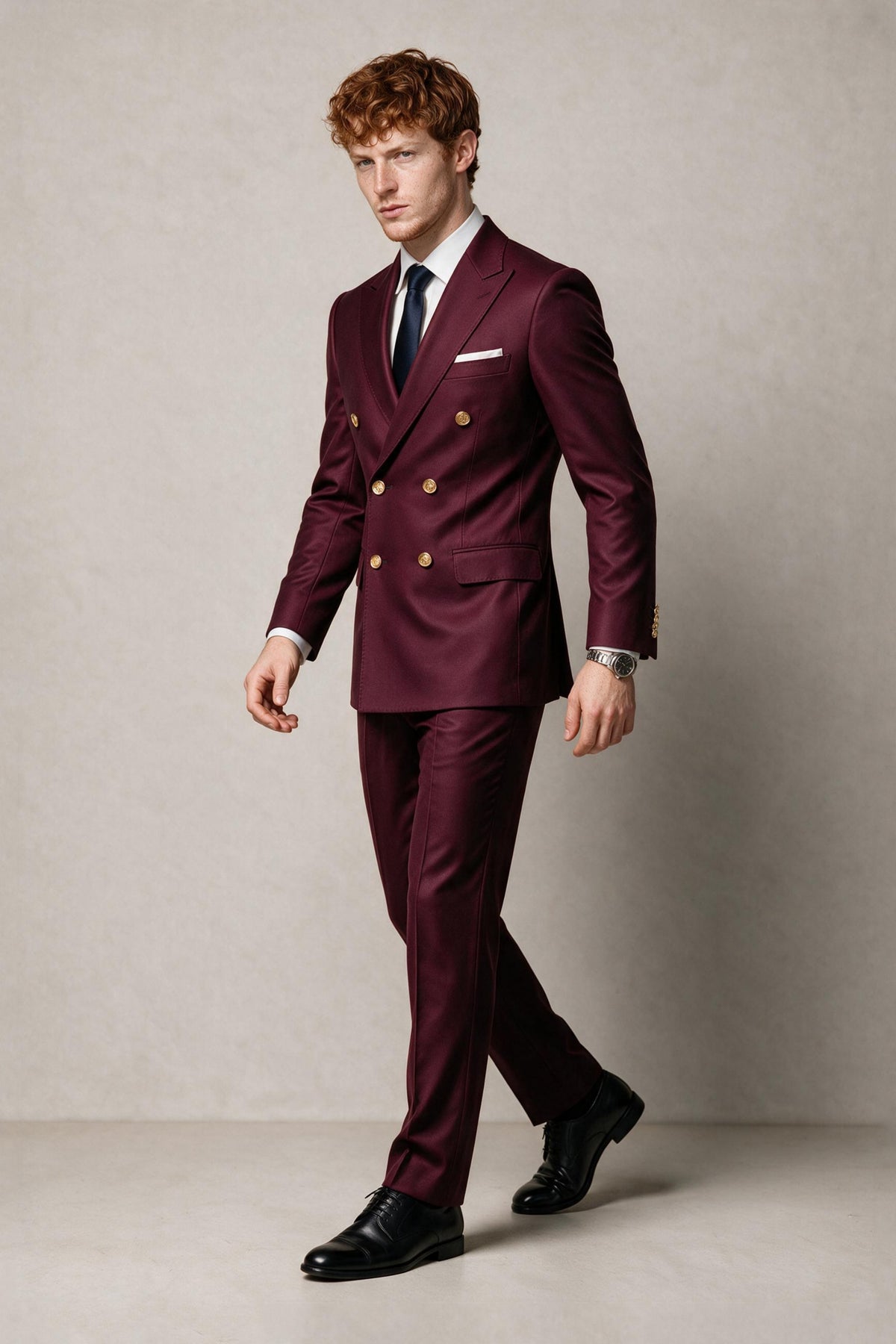 BOLODOO Men's Burgundy Double-Breasted 2-Piece Suit | Burgundy Button Peak Lapel Blazer & Trousers - Burgundy