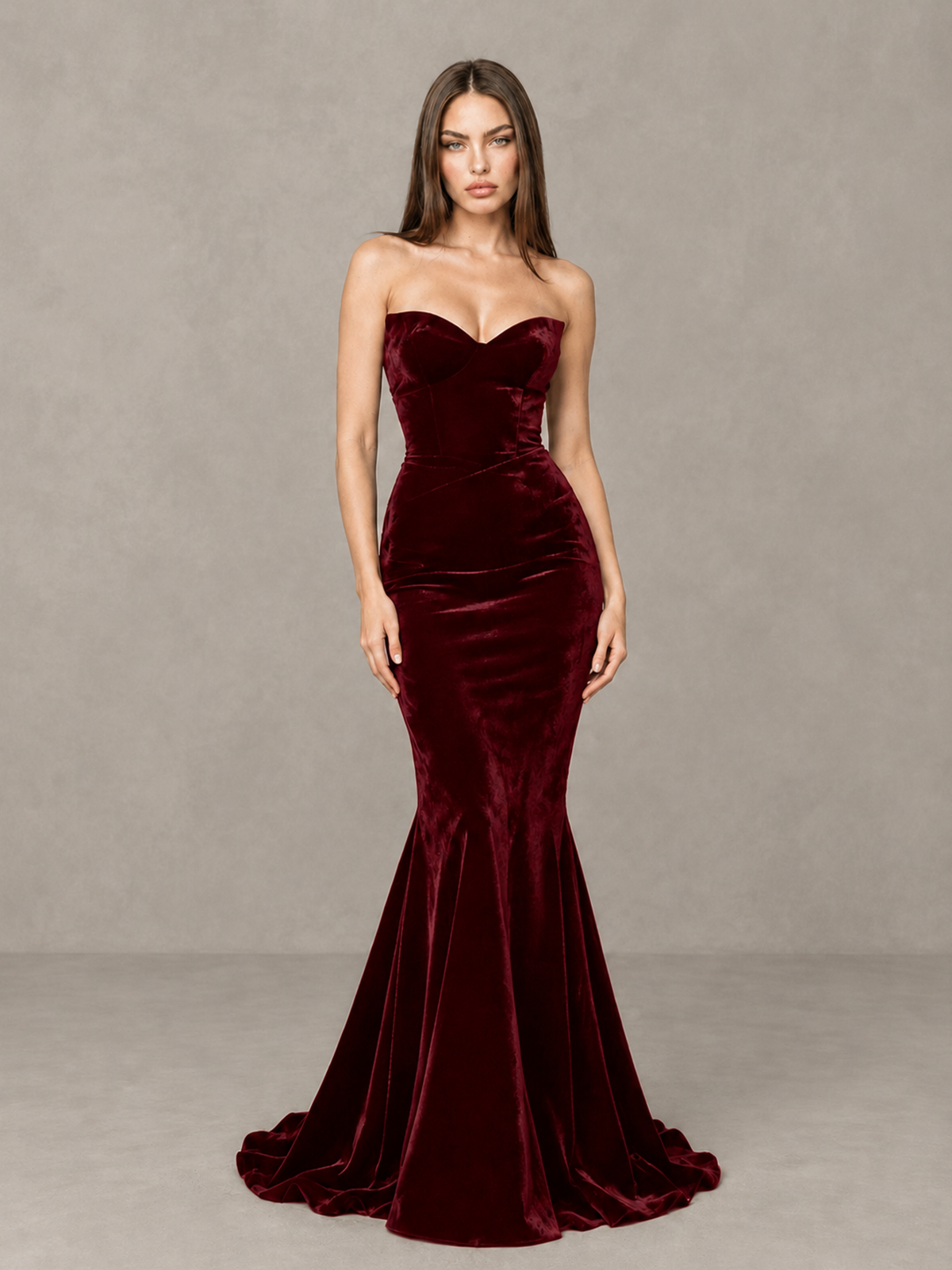 BOLODOO Burgundy Strapless Sweetheart Velvet-Look Mermaid Evening Dress - Burgundy - Burgundy_3
