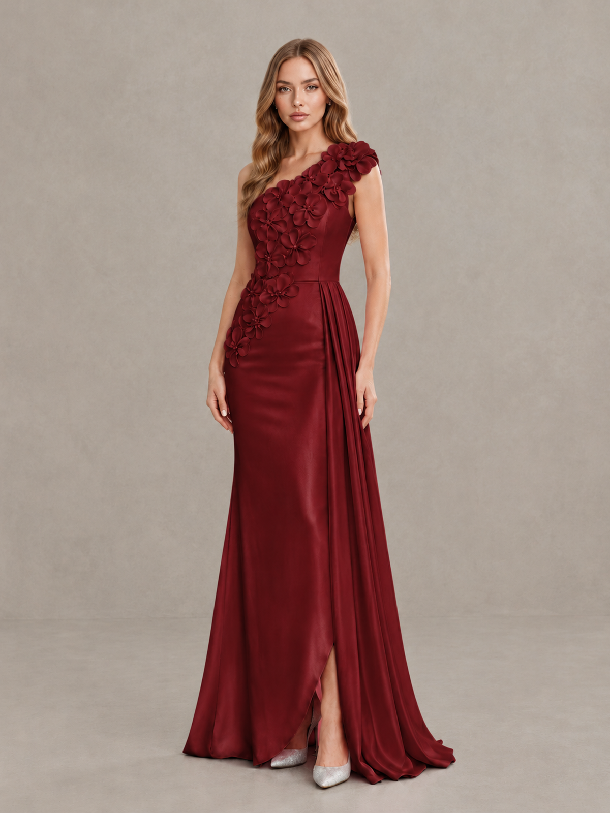 BOLODOO Burgundy One-Shoulder Satin Mermaid Evening Gown with 3D Floral Appliqué - Burgundy - Burgundy_3