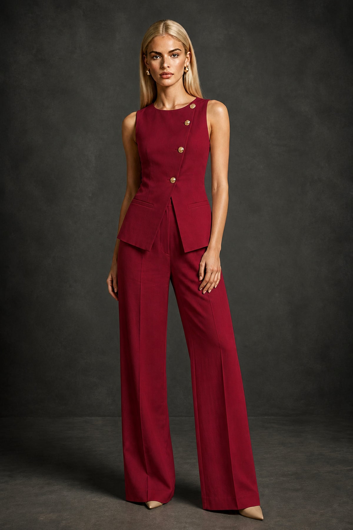 BOLODOO Burgundy Sleeveless Vest Top & Wide-Leg Trousers Two-Piece Suit Set – Burgundy Button Asymmetric Formal Set - Burgundy