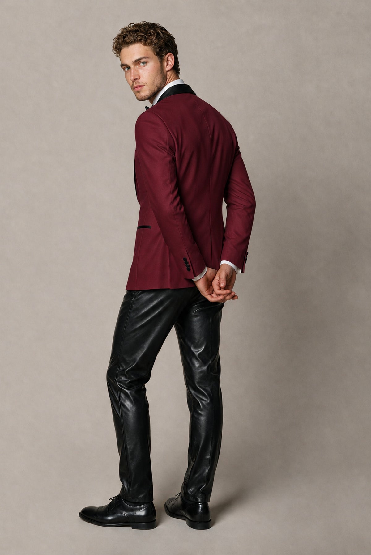 BOLODOO Men's Burgundy Tuxedo Blazer | Black Shawl Lapel Single-Breasted Formal Jacket - Burgundy