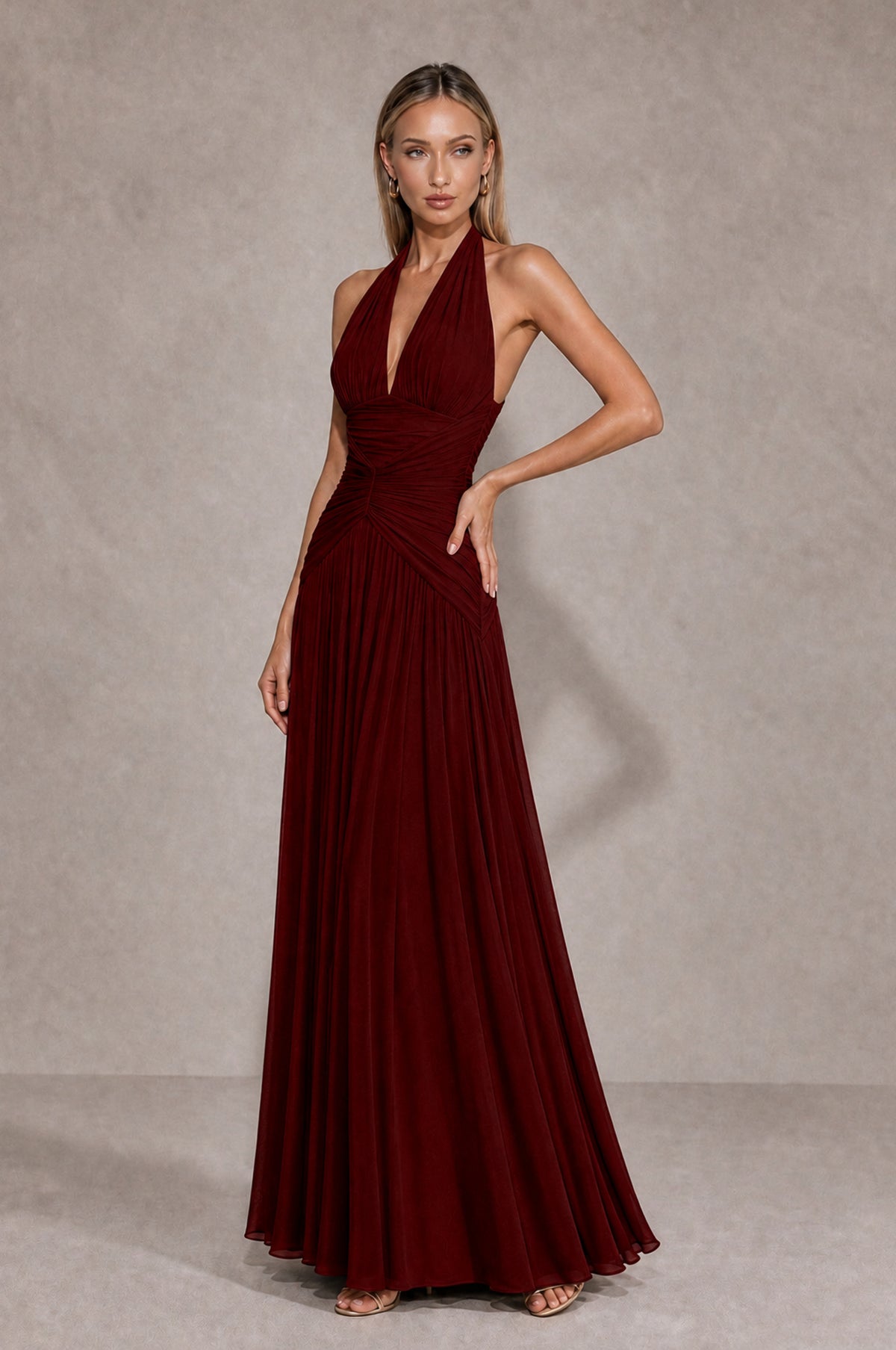 BOLODOO Burgundy Chiffon Halter Deep V-Neck Ruched A-Line Backless Maxi Dress with Train-BD0167 - Burgundy - Burgundy_3