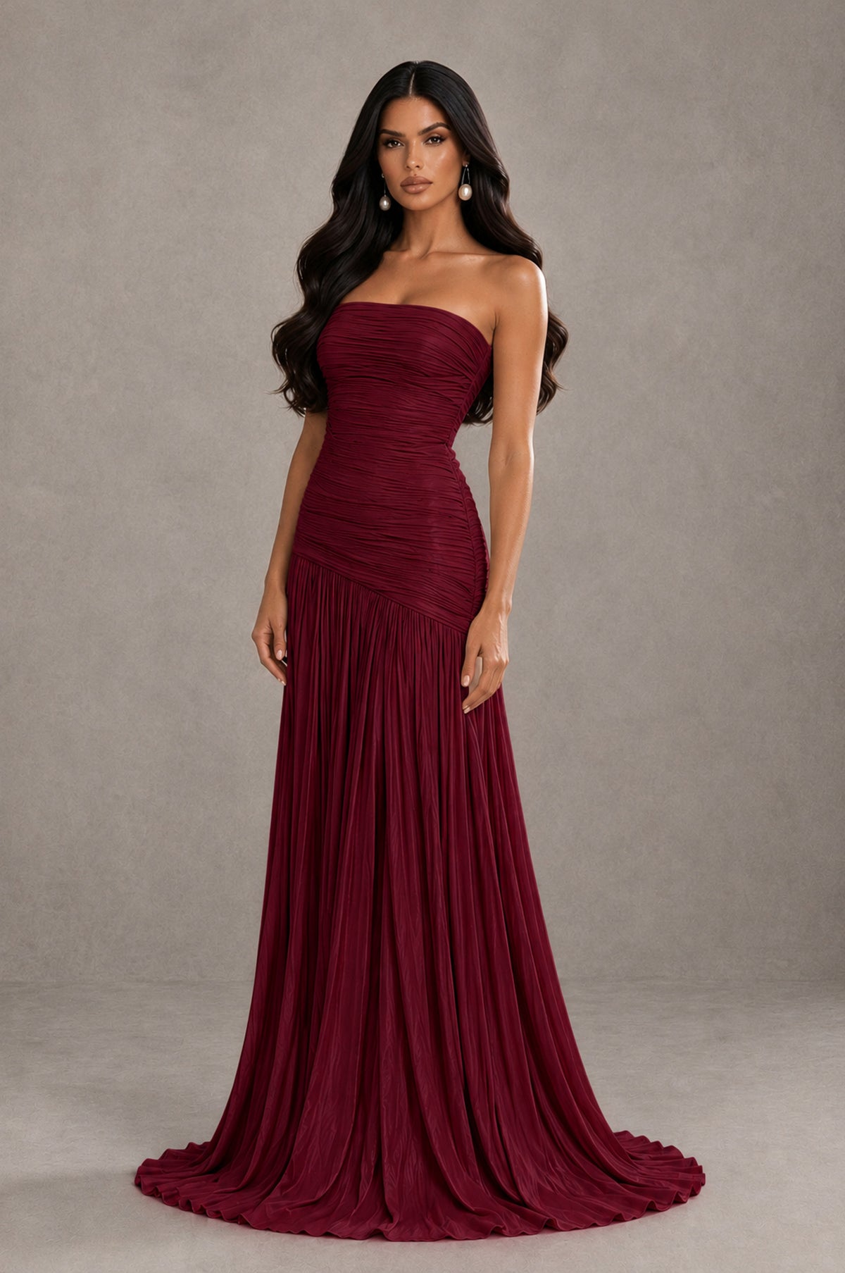 BOLODOO Burgundy Metallic Ruched Strapless Pleated A-Line Backless Maxi Dress with Train - Burgundy - Burgundy_3