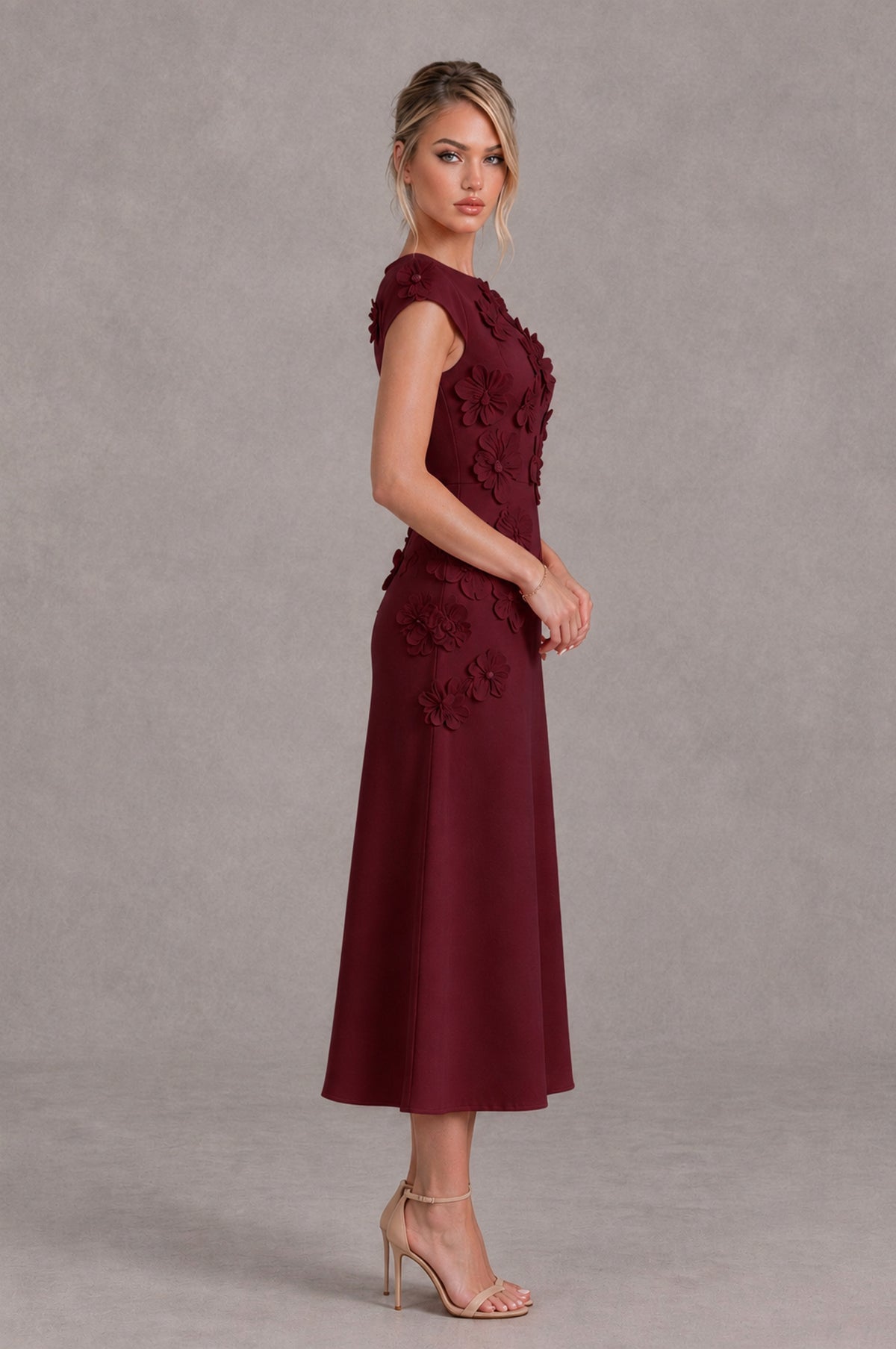 BOLODOO Burgundy 3D Floral Cap Sleeve Midi Cocktail Dress - Burgundy - Burgundy_3