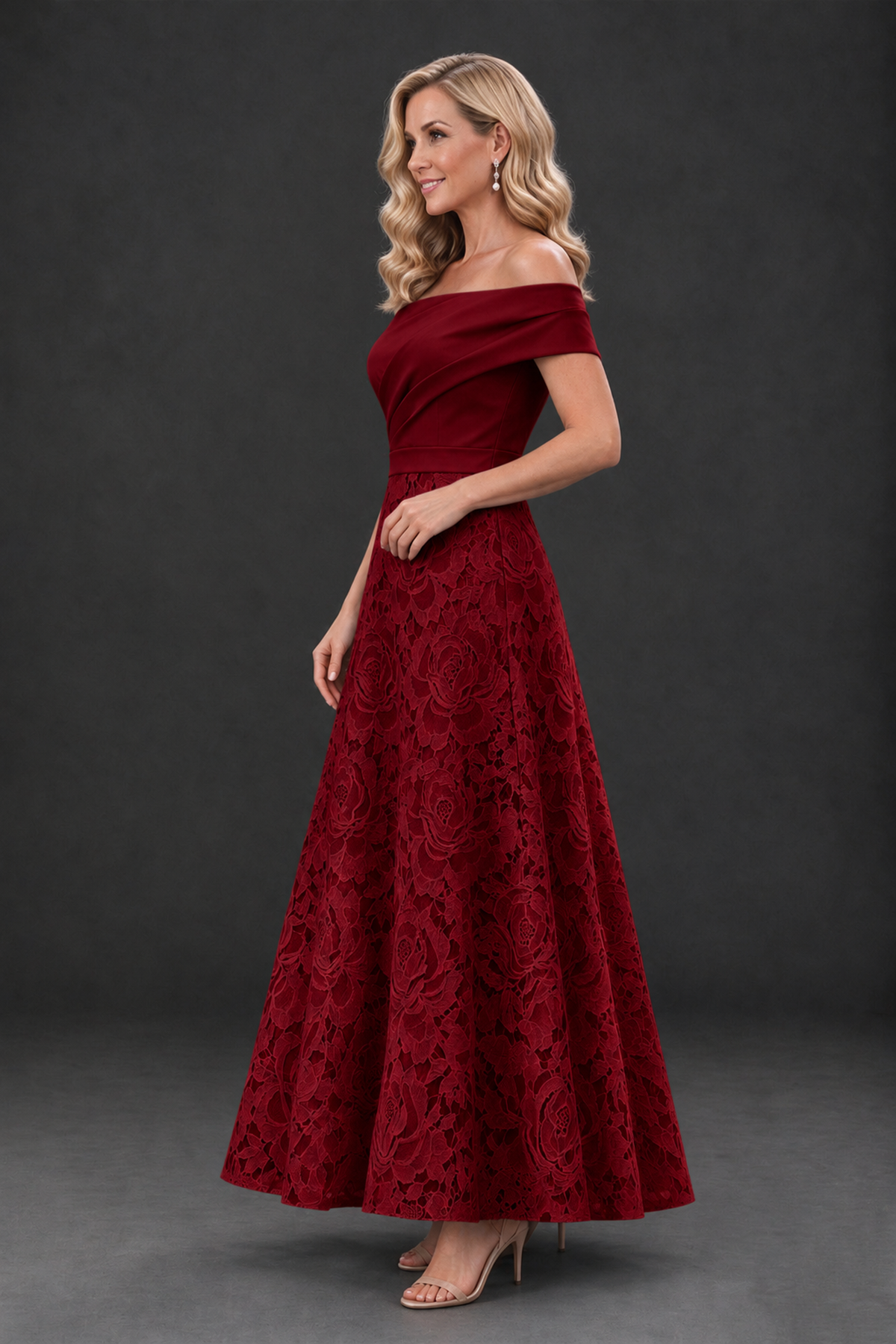 BOLODOO Burgundy Off-the-Shoulder Floral A-Line Mother of the Bride Dress - Burgundy - Burgundy_3