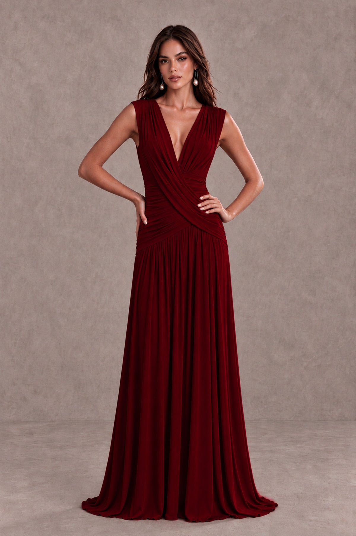 BOLODOO Burgundy V-Neck Ruched Wedding Guest Dress - Burgundy - Burgundy_3