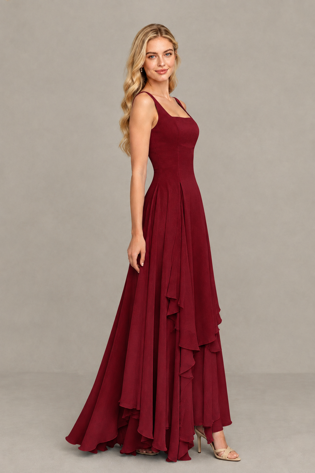 BOLODOO Burgundy Square Neck Chiffon Bridesmaid Dress with Lace-Up Back - Burgundy