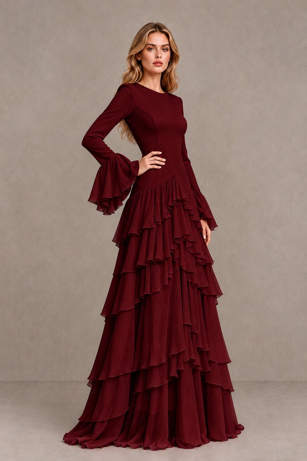 Burgundy Long Sleeve Tiered Ruffle Evening Gown - Burgundy - Burgundy_3