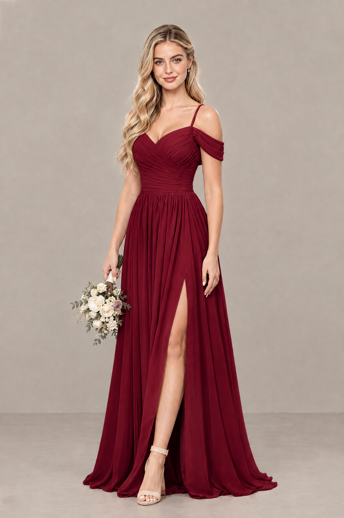 BOLODOO Burgundy Off-Shoulder Bridesmaid Dress with Slit - Burgundy