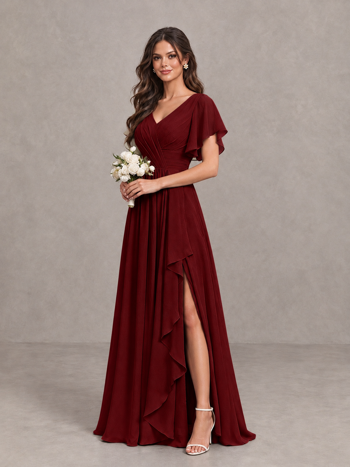 BOLODOO Burgundy Flutter Sleeve V-Neck Bridesmaid Dress with Ruffle Slit - Burgundy - Burgundy_3
