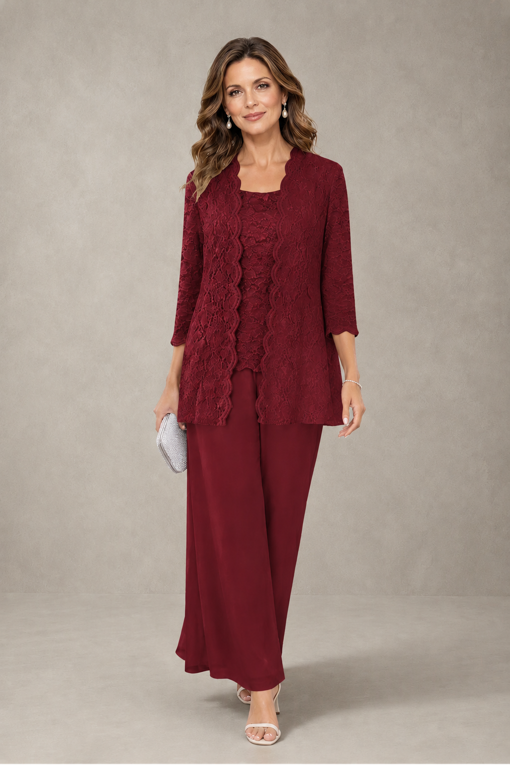 BOLODOO Burgundy 3-Piece Lace Chiffon Pantsuit – Mother of the Bride Wedding Guest with Jacket - Burgundy