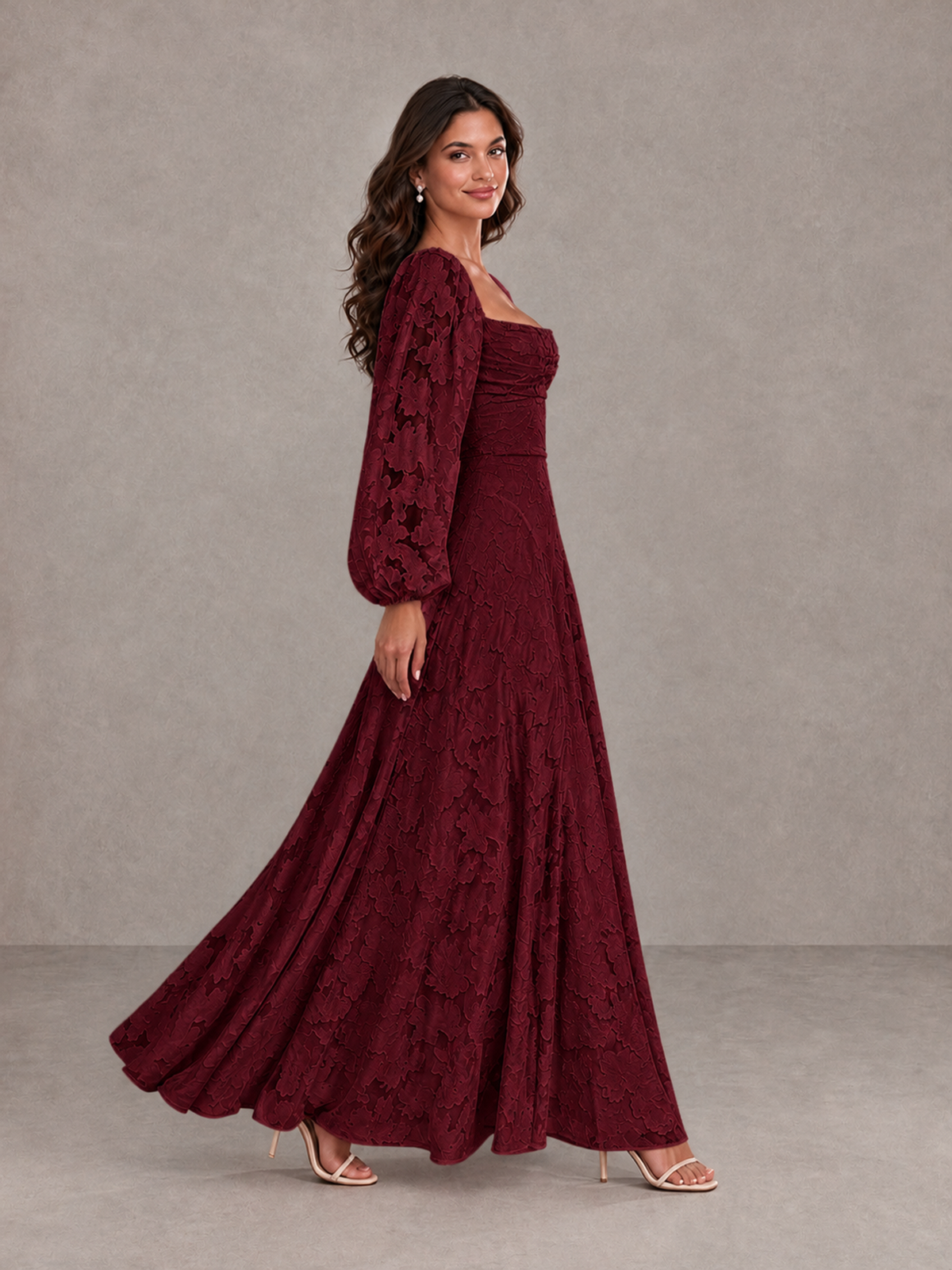 BOLODOO Burgundy Floral Long Sleeve A-Line Bridesmaid Dress - Burgundy - Burgundy_3