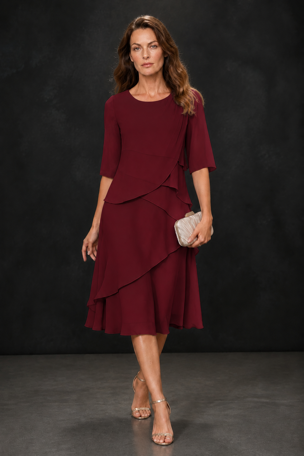 BOLODOO Burgundy Chiffon 3/4 Sleeve Asymmetric Tiered Tea Length Dress | Mother of the Bride Midi Dress - Burgundy