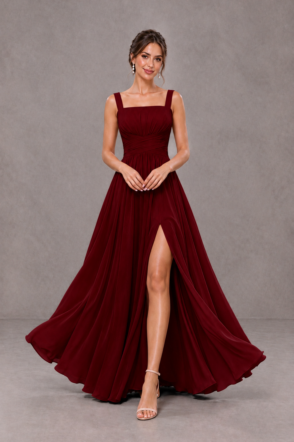 BOLODOO Burgundy Square Neck A-Line Bridesmaid Dress with Slit - Burgundy - Burgundy_3