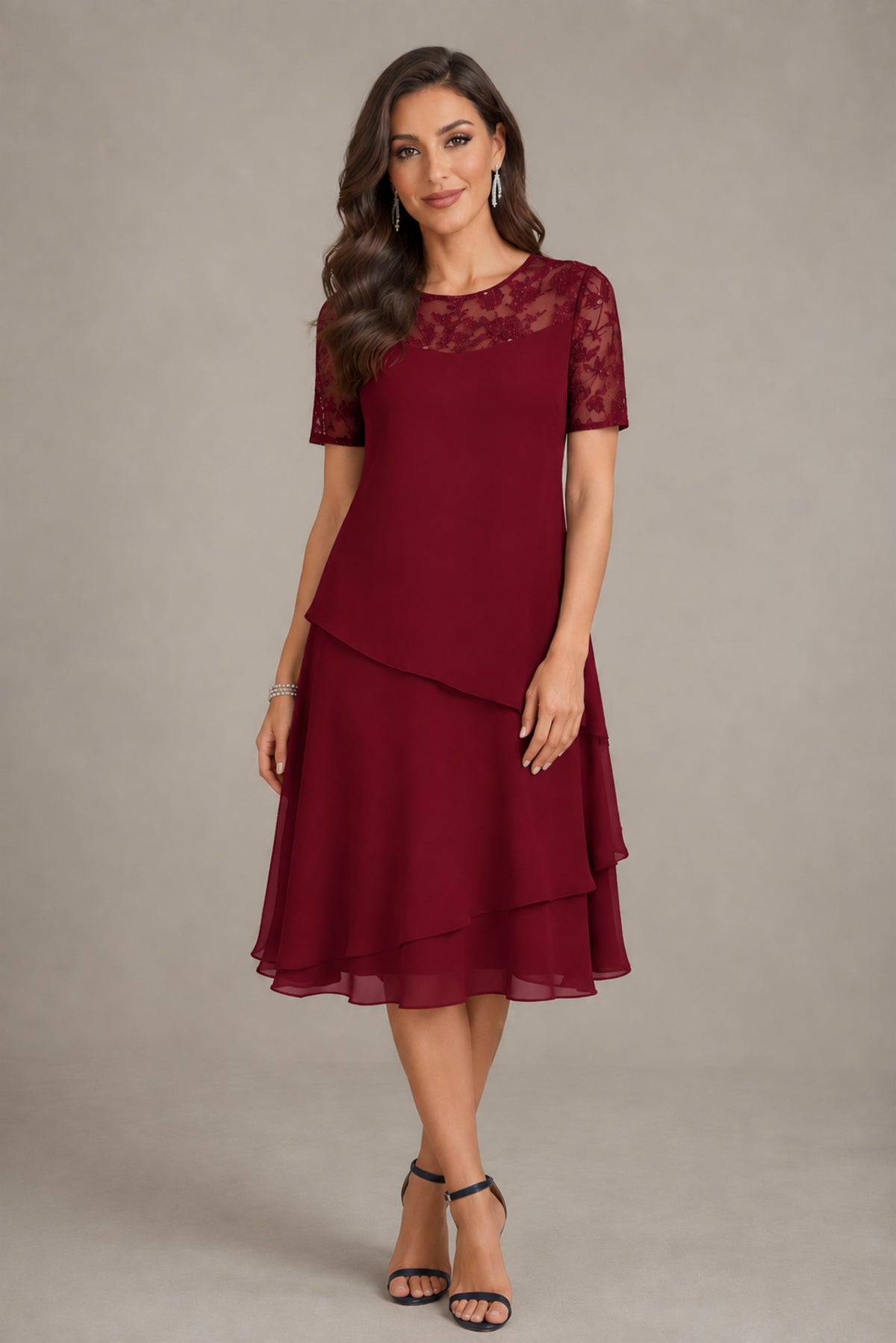 BOLODOO Burgundy Illusion Lace Short Sleeve Tiered Chiffon Tea Length Dress | Mother of the Bride Midi Dress - Burgundy