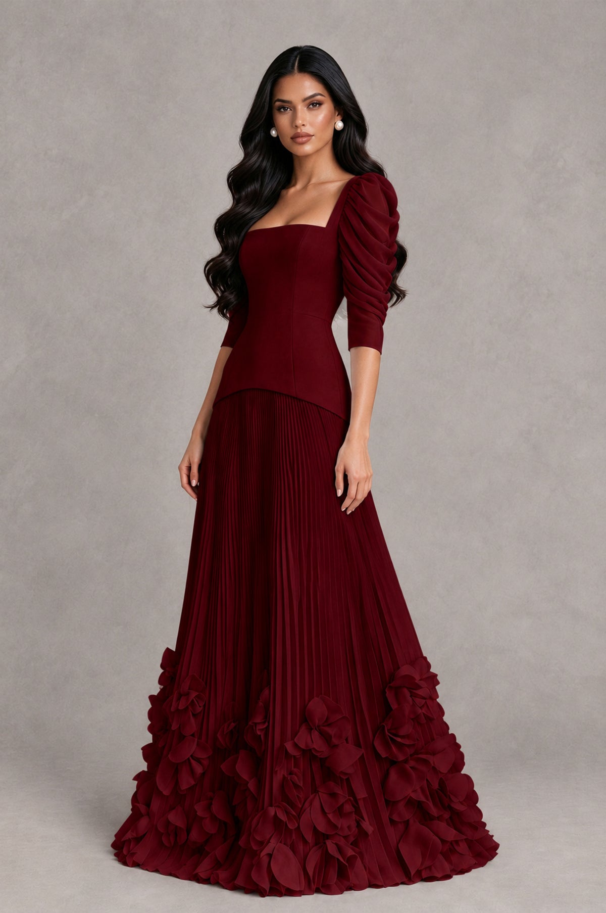 BOLODOO Burgundy Square Neck Pleated Floral Applique Evening Dress - Burgundy - Burgundy_3