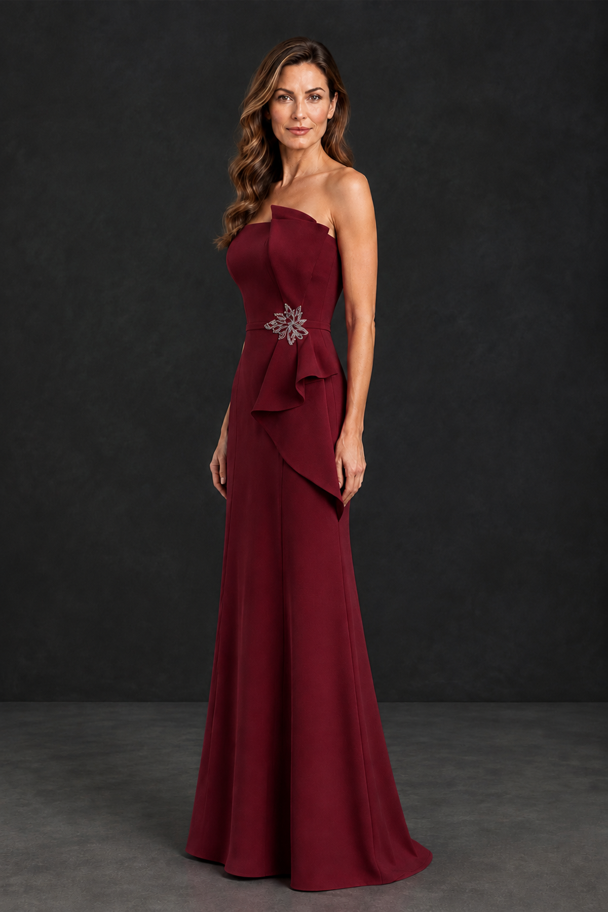 BOLODOO Burgundy Strapless Mother of the Bride Dress with Ruffle Detail - Burgundy - Burgundy_3