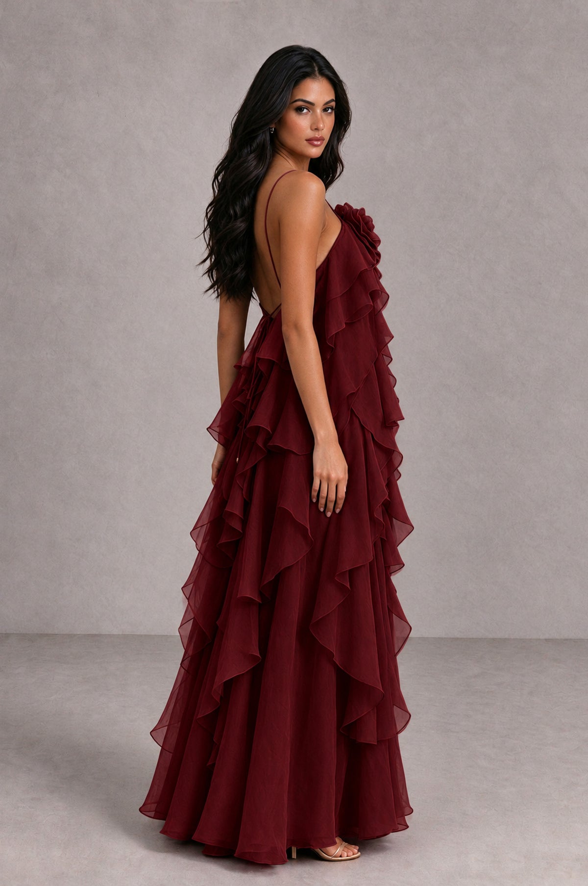 BOLODOO Burgundy Cascading Ruffle Rosette Open-Back Maxi Dress - Burgundy - Burgundy_3